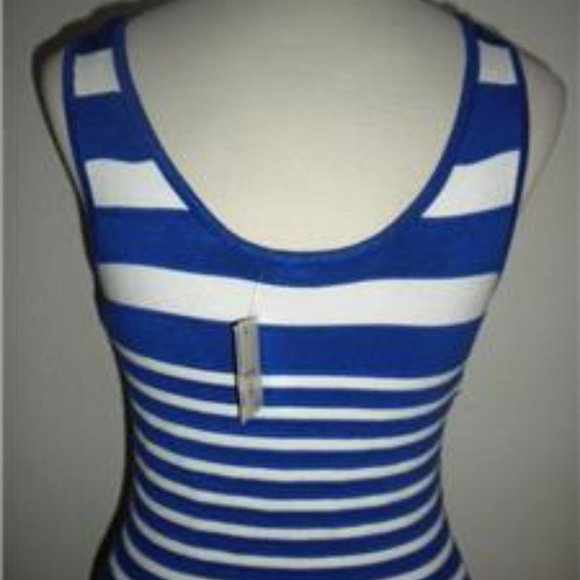 GUESS MS SIZE MEDIUM JEWEL BLUE AND WHITE STRIPED RAYON BLEND SLEEVELESS DRESS - Picture 4 of 7
